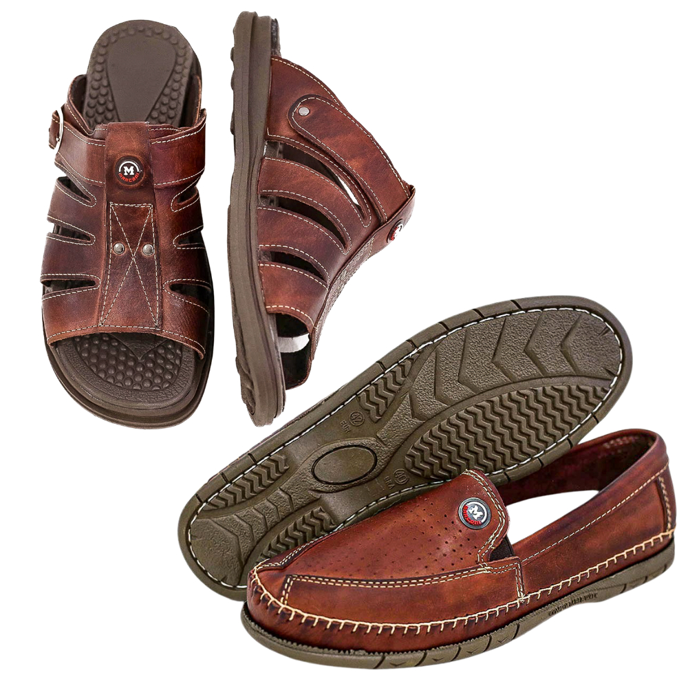 Kit com 2 pares Chinelo Sandália e Sapatilha Mocassim de Couro Legitimo Leve Ortopédico Diabéticos