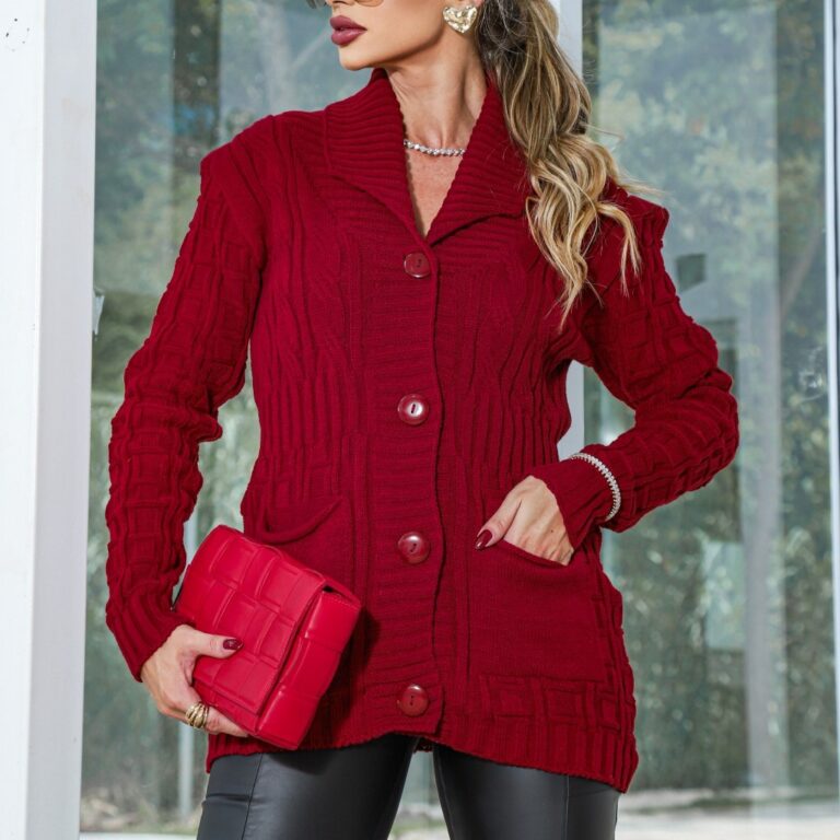 Casaco de Lã Feminino com Botão e Bolso Tricot M