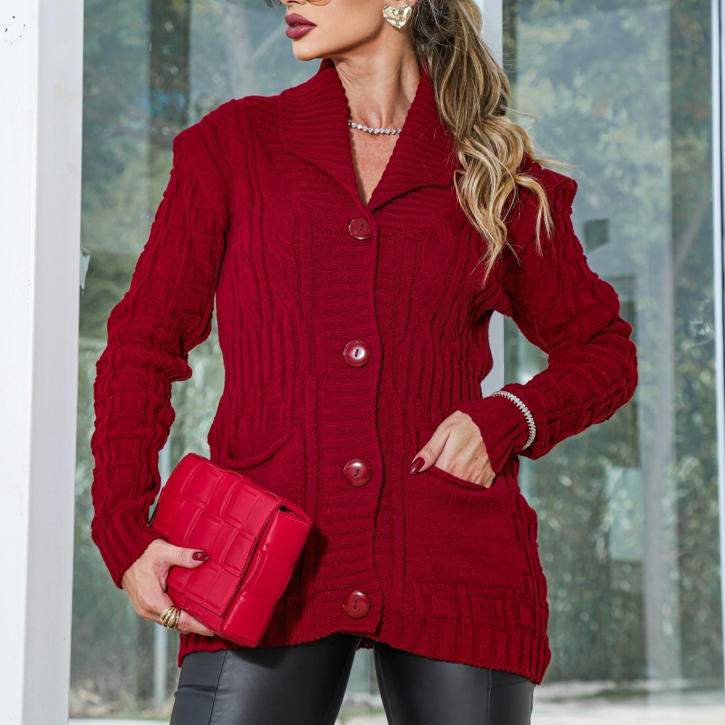 Casaco de Lã Feminino com Botão e Bolso Tricot Moda