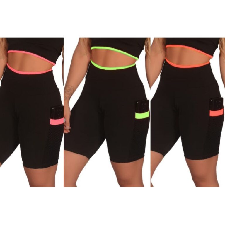 Kit 3 Short Feminino Fitness Academia com Bolso de