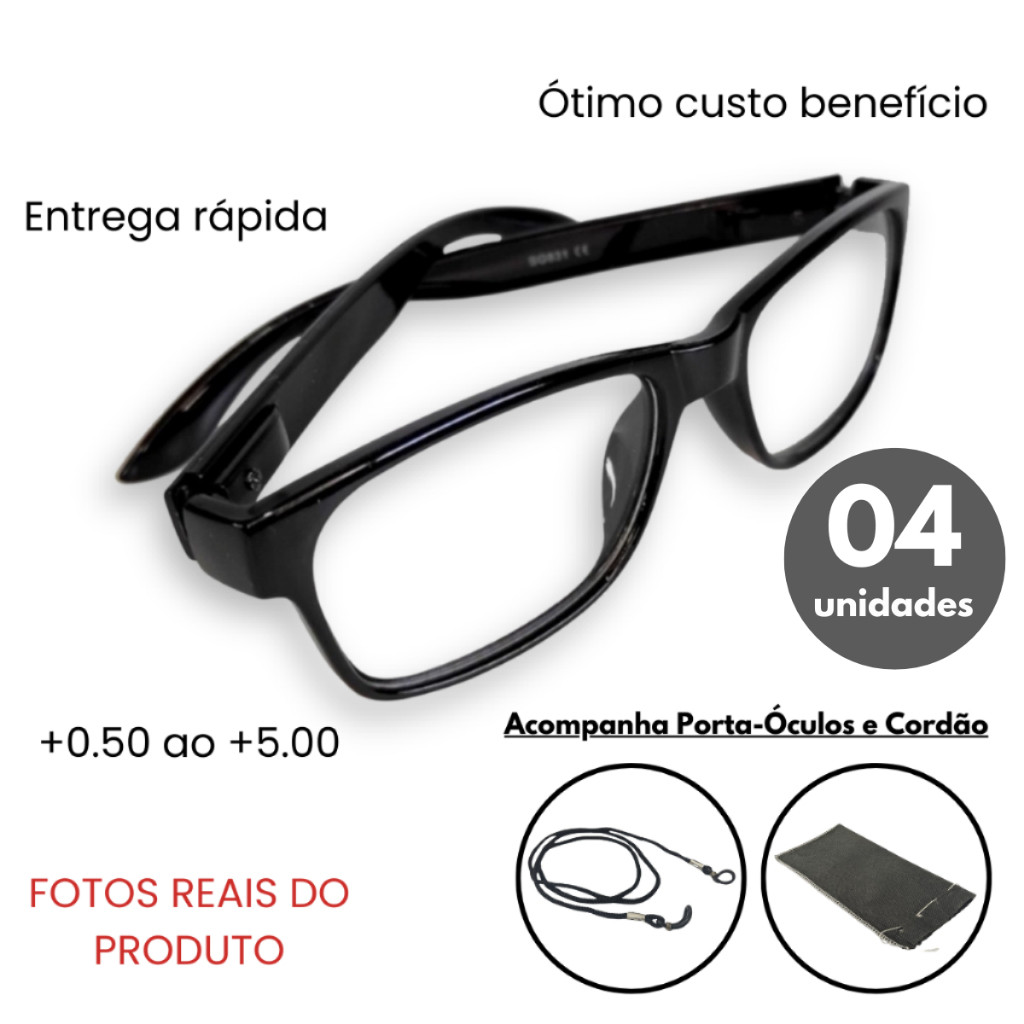 Kit com 04 Óculos De Grau Para Leitura / Descanso / Trabalho Unissex + Cordão e Capinha – Graus 0.50