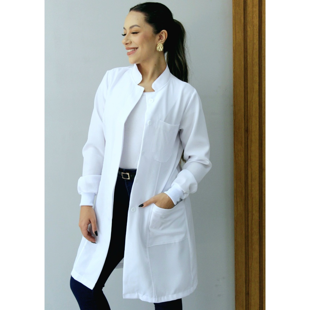 Jaleco Feminino Oxford Branco, Botão Embutido, Gola Padre, Manga longa com Punho – Oxford