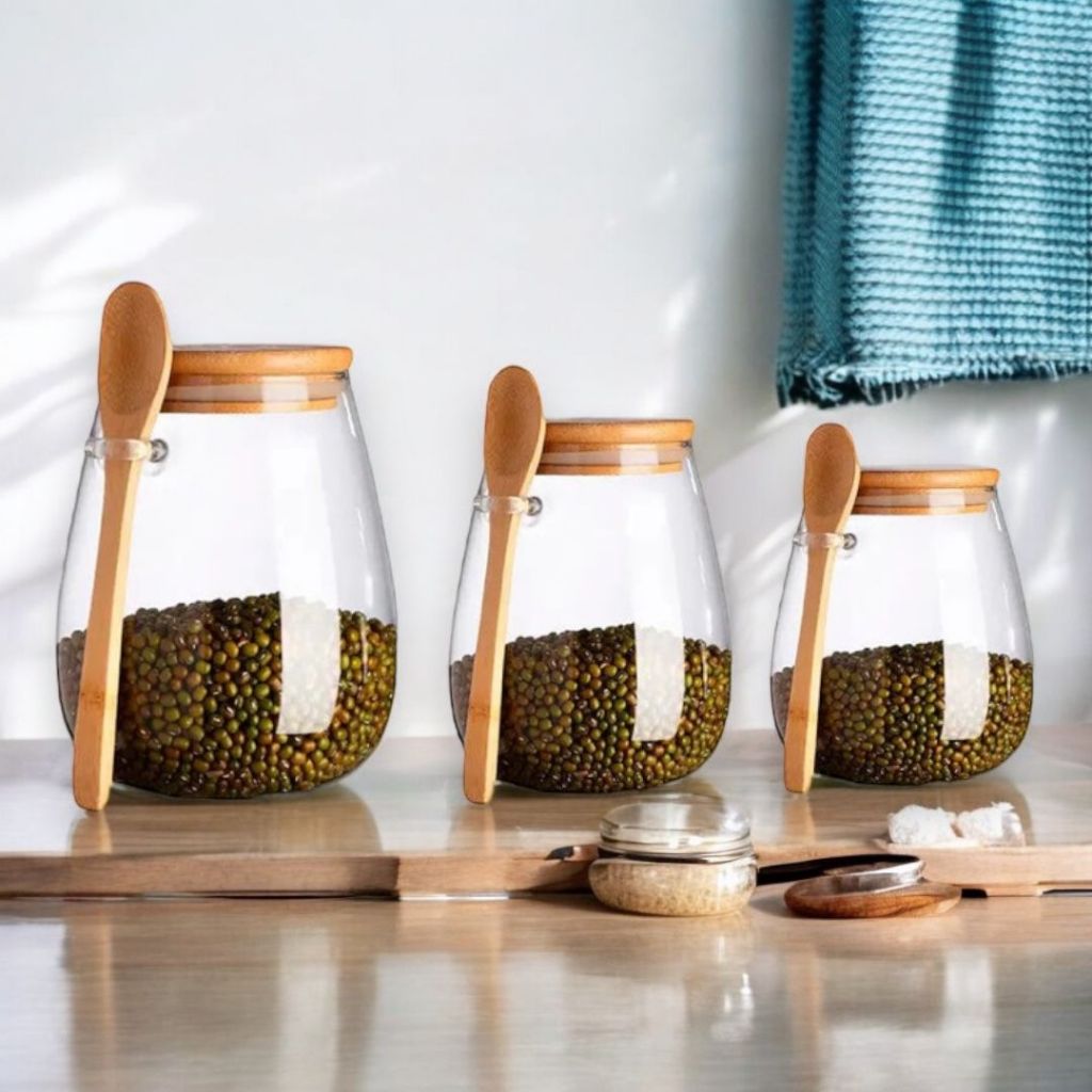 3 Pote De Vidro Hermético Tampa De Bambu Com Colher De Bambu 410/650/1L