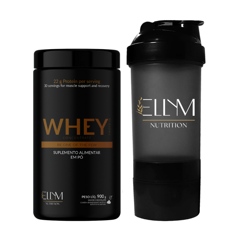 Whey Protein 900g Diversos Sabores + Coqueteleira Shaker 500ml Ellym Nutrition Super Combo Esportivo