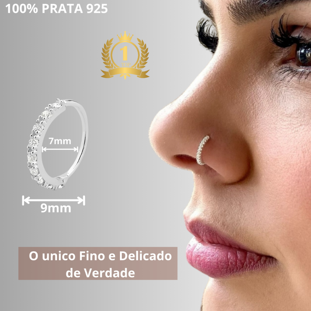 Piercing Nariz Prata 925 Legitima Cravejado Argola 9mm 9 pedras de Zircônia Helix Nostril