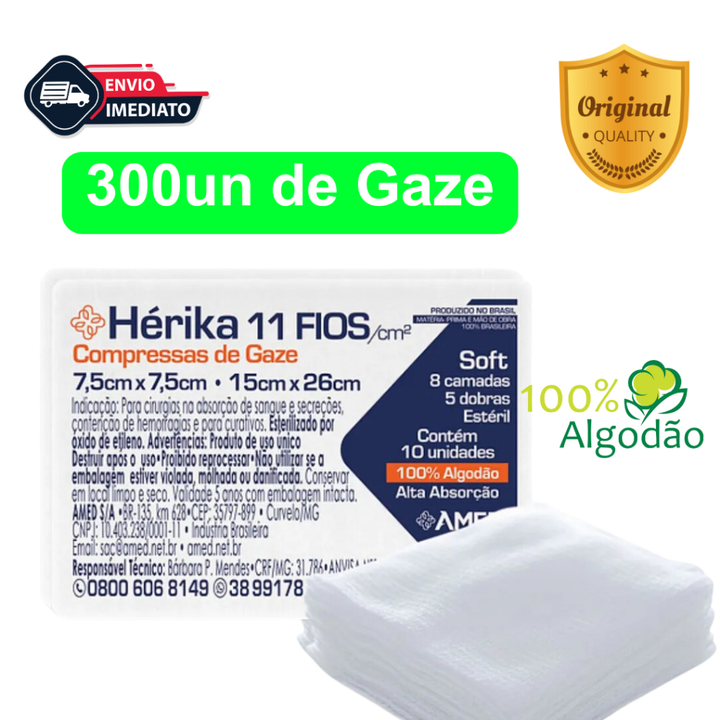 Kit com 300,200 e 100un de Compressa de Gaze Estéril Herika 11F 7,5×7,5cm todas são x10un