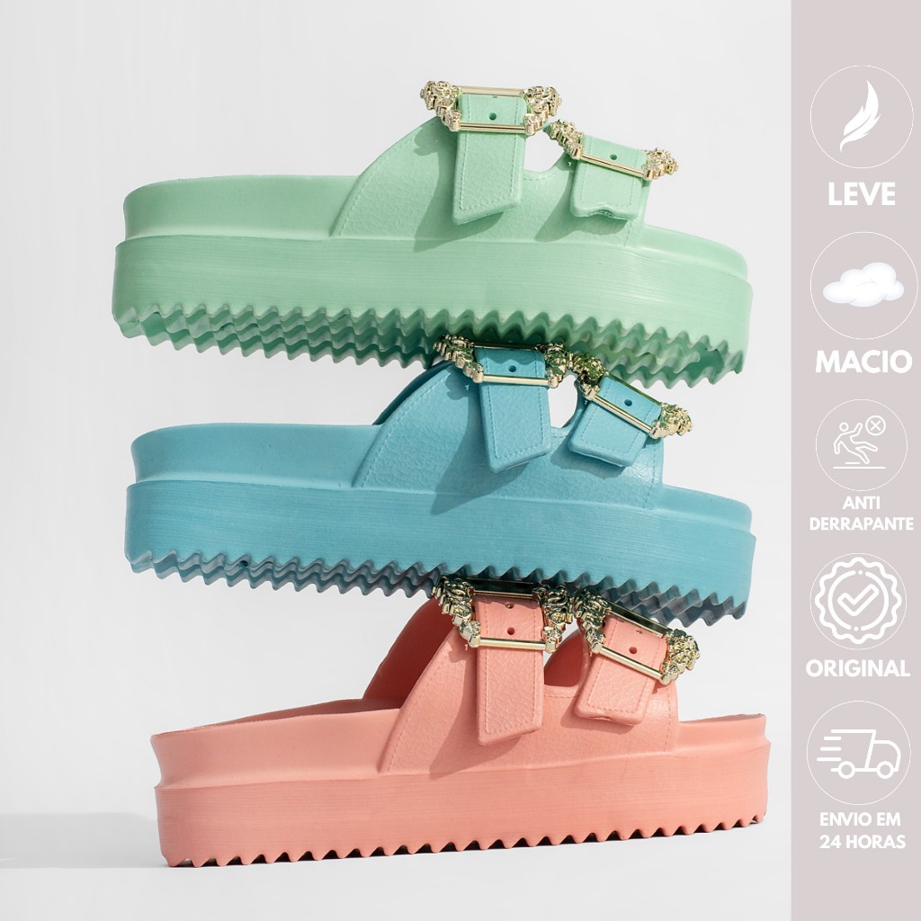 Sandália Birken Feminina Plataforma Fivela Dourada Conforto Leve Tendência Verão