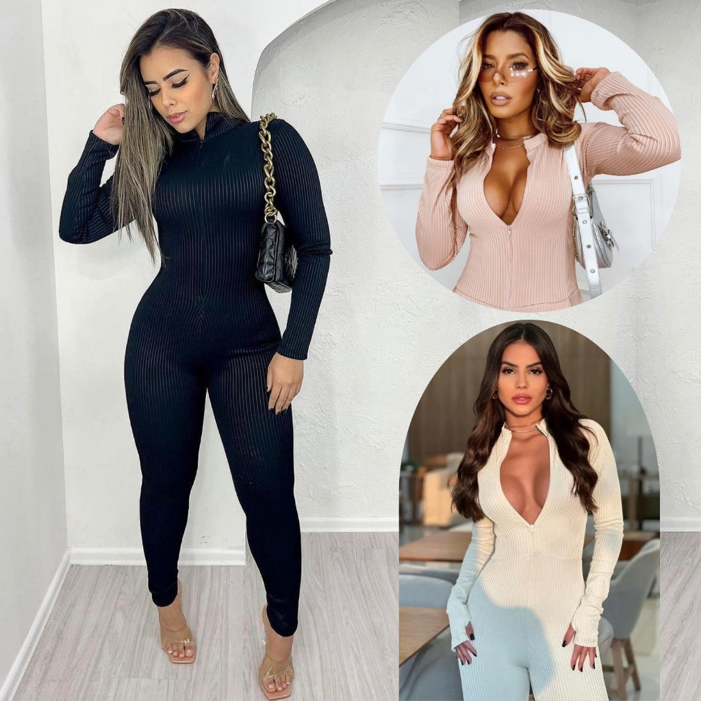 Macacão Feminino Longo Canelado 3D Premium Zíper Frontal Virgínia Moda Gringa Manga Longa e Calça