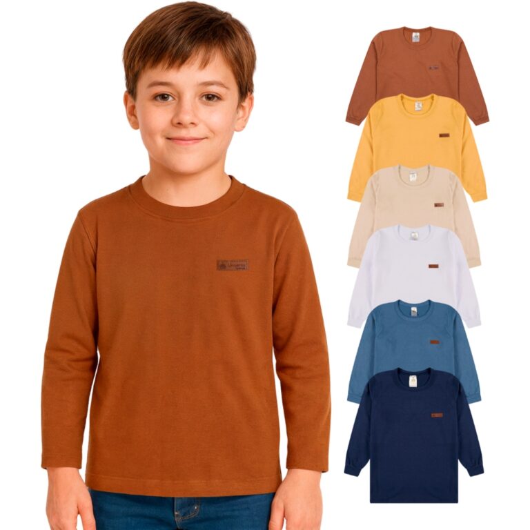 Kit 5 Camisetas Manga Longa Infantil Menino Básic