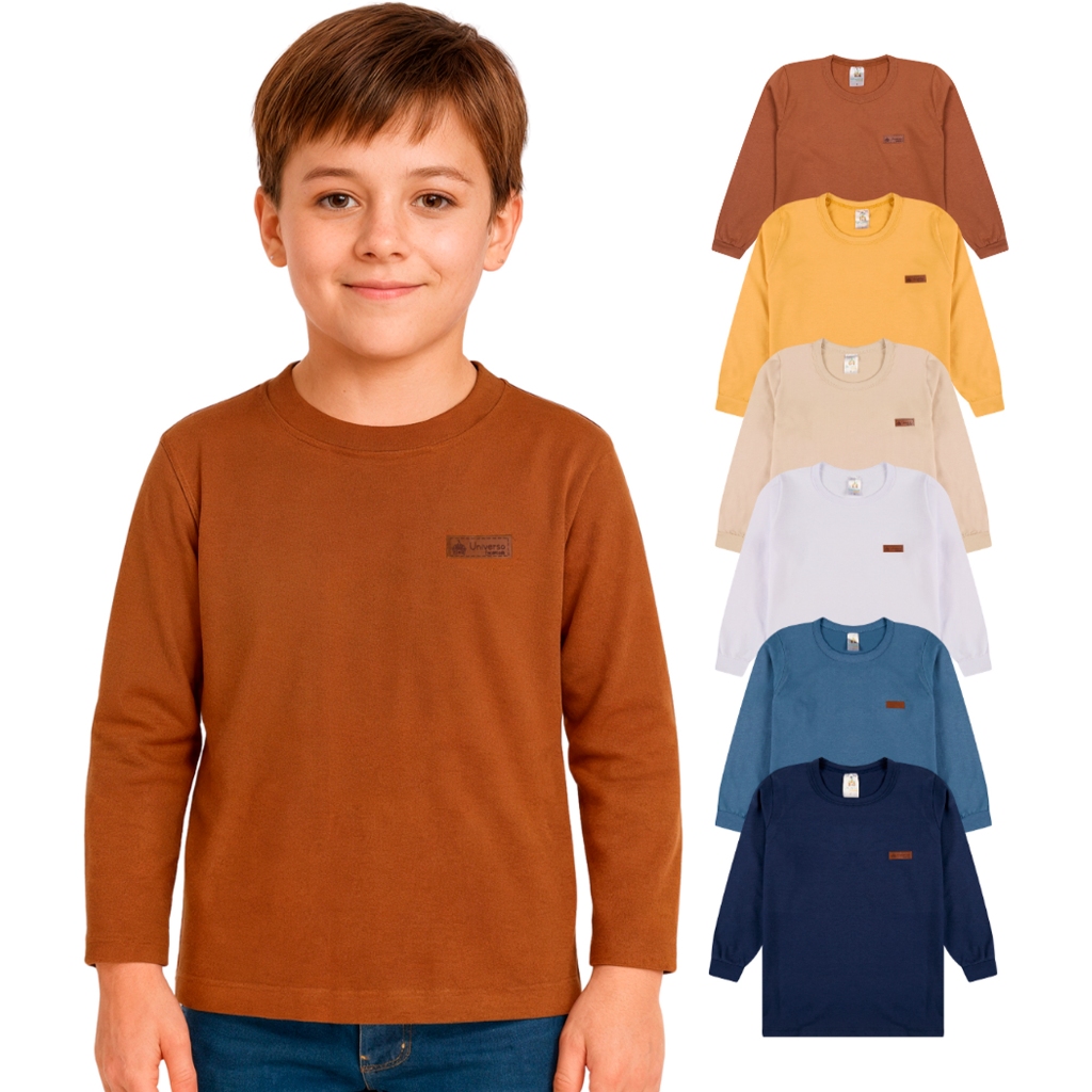 Kit 1, 3 ou 5 Camisetas Manga Longa Infantil Menino Básica Lisa Manga Comprida Infantil