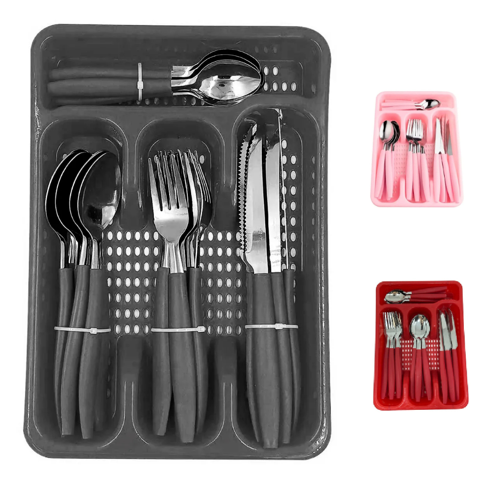 Kit Conjunto Talher Faqueiro com até 25 Peças Aço Inox Cozinha Com Suporte Para Gaveta – Preto – Ver