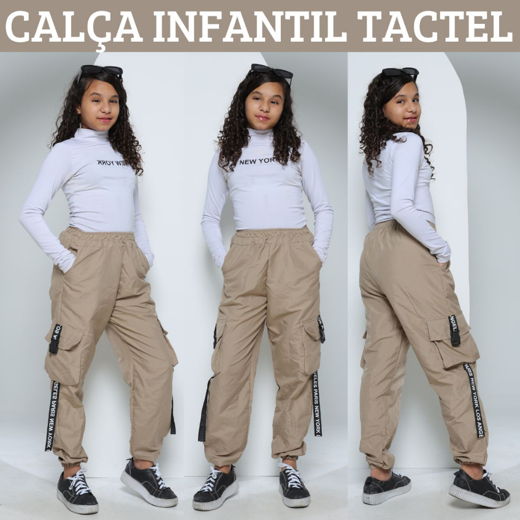 Calça Jogger Infantil Feminina Tactel 4 Cores Calça Juvenil Para Crianças Cargo Street Bloguerinha C