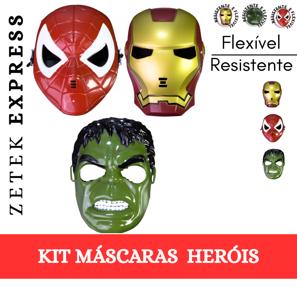 Kit 3 Máscaras Brinquedo Personagem Super Herói Cosplay Infantil Alta Qualidade Festa Aniversário