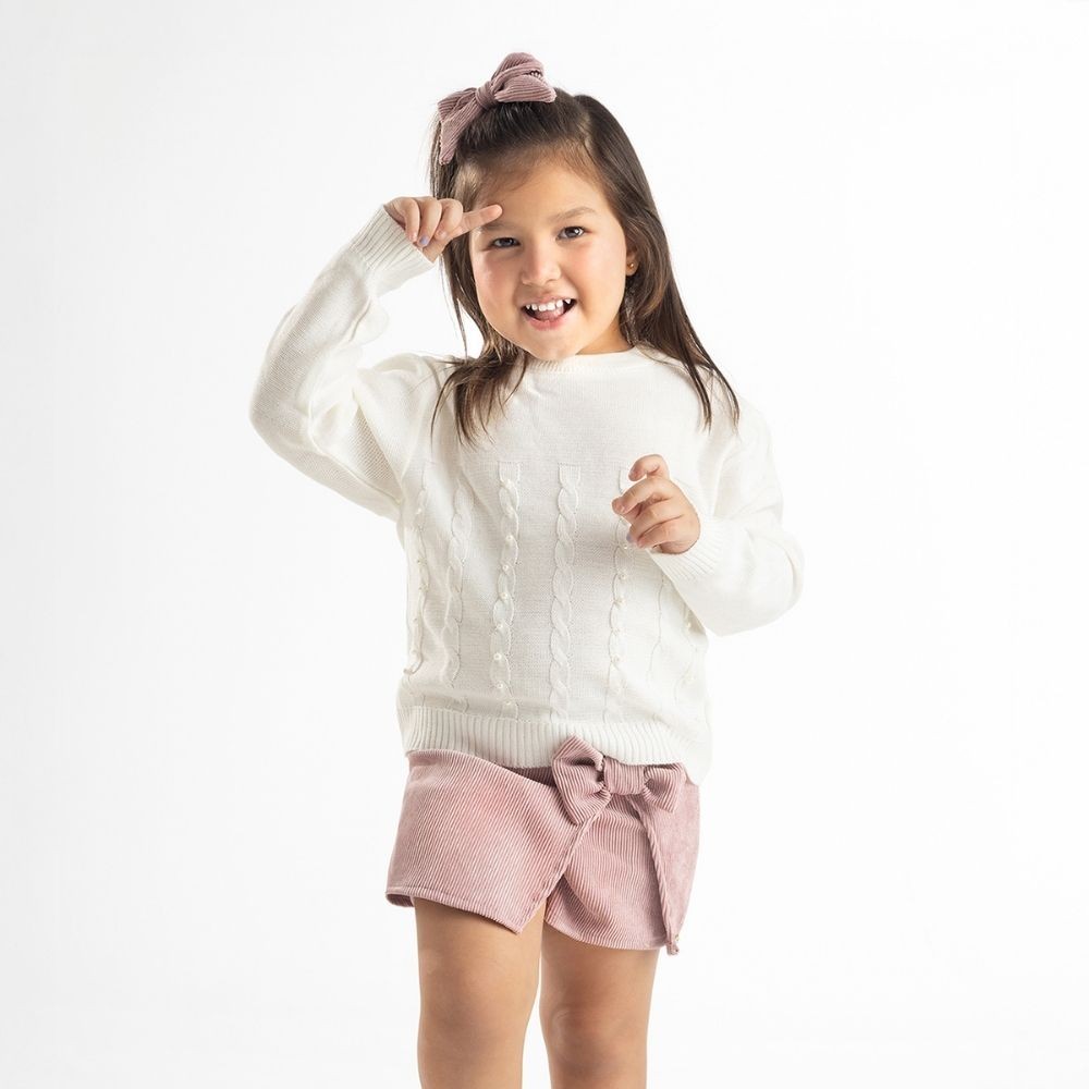 Suéter Blusa Tricô Infantil Menina OFF com Pérolas Bordadas à Mão e Tranças   Inverno