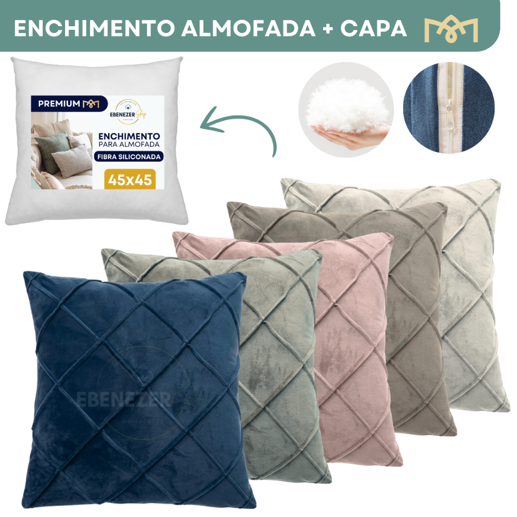 Kit 2,4,6 e 8 Almofada Drapeada Suede com Enchimento Fibra Siliconada Macio Cama Sofá Varias Cores