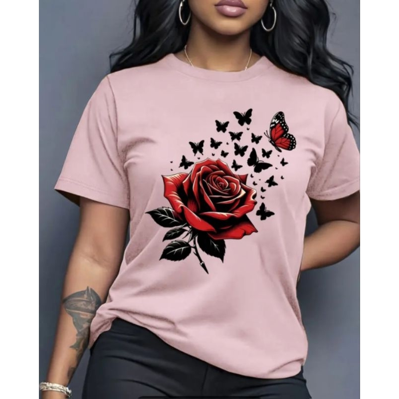Camiseta Feminina, Camisa em Algodão Estampa Rosa Borboletas Envio Imediato