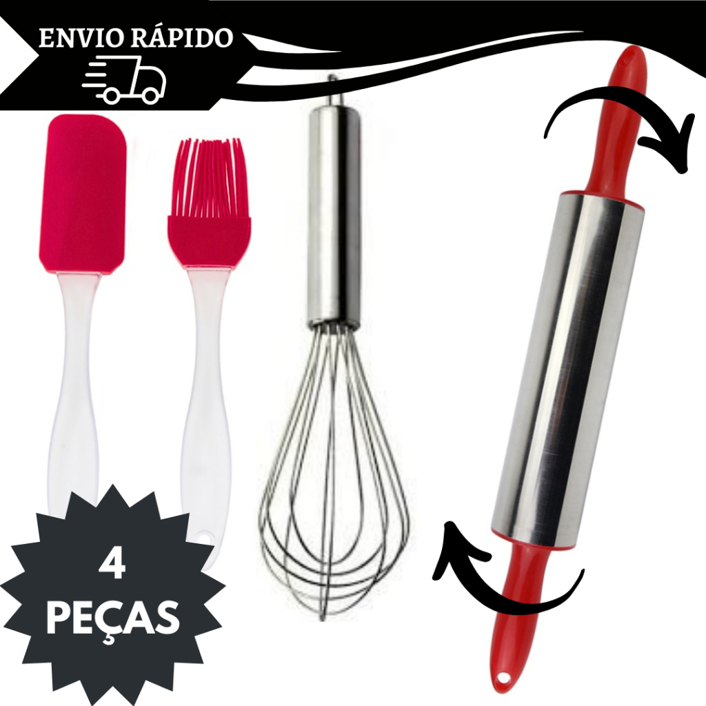 Kit Confeiteiro 4 Peças Rolo Inox Pincel Pão Duro Fue Fuet Batedor Para Ovos de Inox
