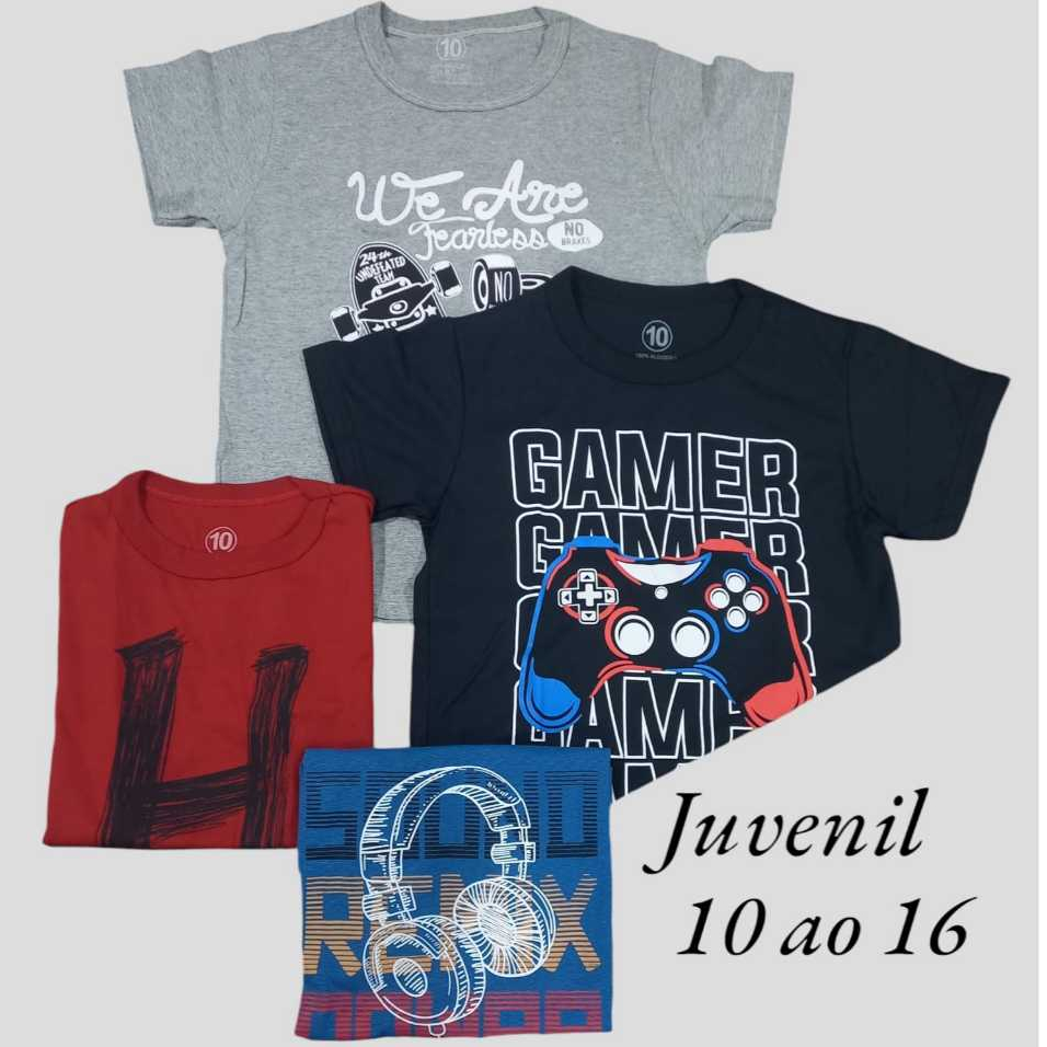 kit 3 Camiseta Juvenil Menino 10 ao 16 Cores e Estampas Sortidas Manga Curta