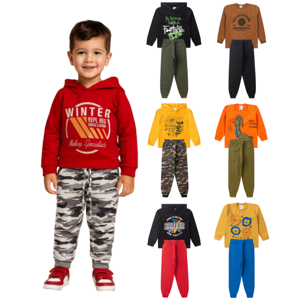 Kit 6 Peças de Moletom Roupas Masculino Infantil Inverno 3-blusas-casacos 3 calças de 1 ao 14 Promoç