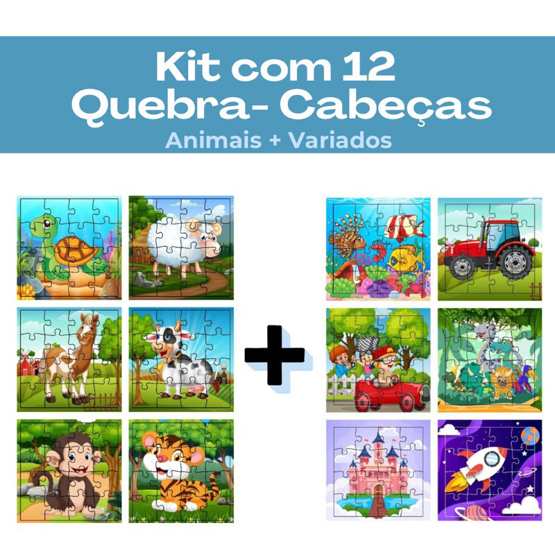 Kit 12 jogos quebra cabeça infantil em madeira mdf 16 peças cada (12 unidades)
