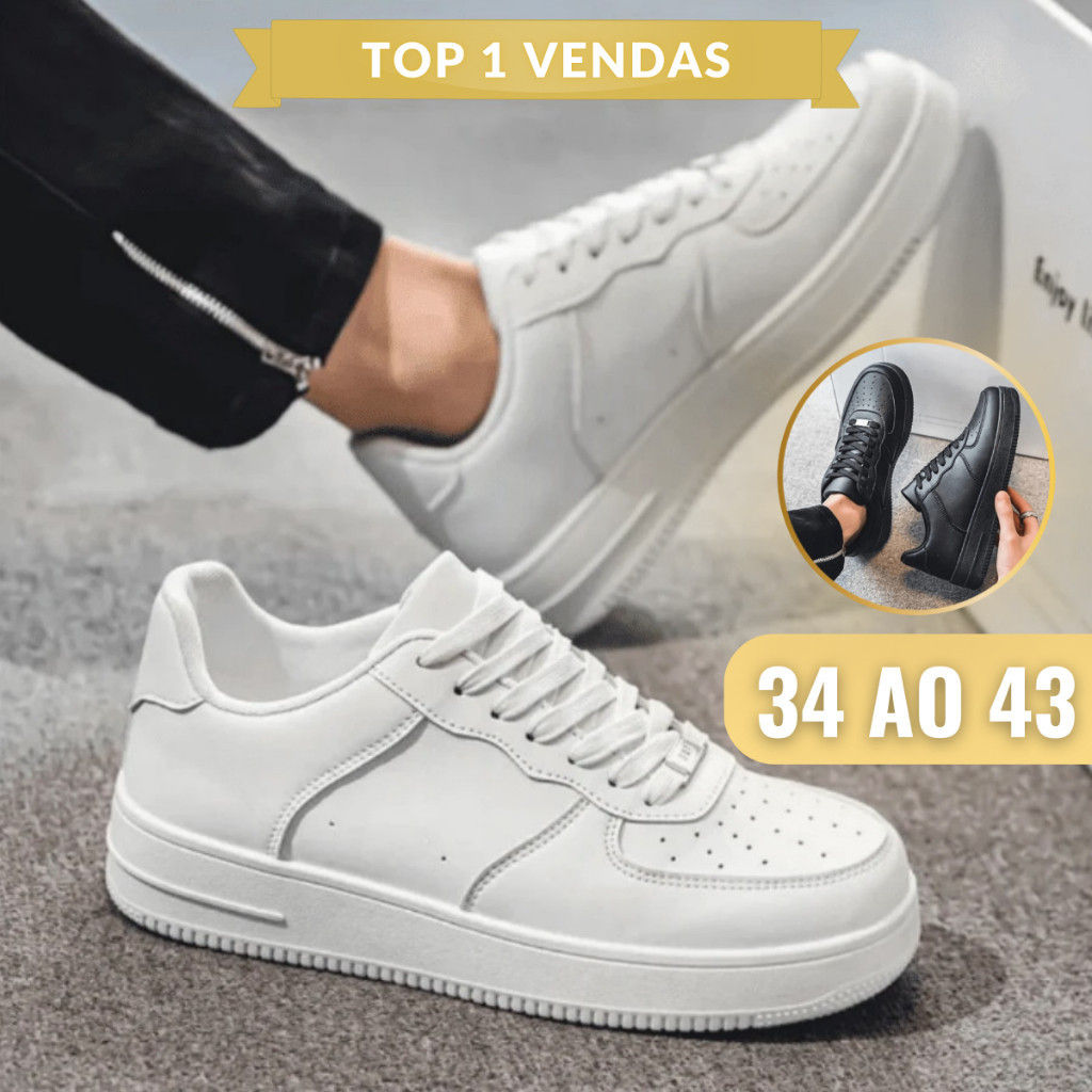 Tênis Branco Confortavel Macio Feminino Casual Caminhada Dia Dia Minimalista Preto Masculino