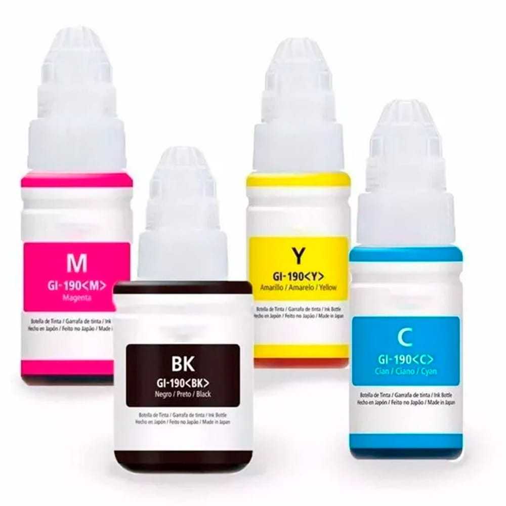 Kit 4 Refil Tinta GI190 Compatível para uso em impressora Canon G1100 G2100 G3100 G4100 G3110 G3111