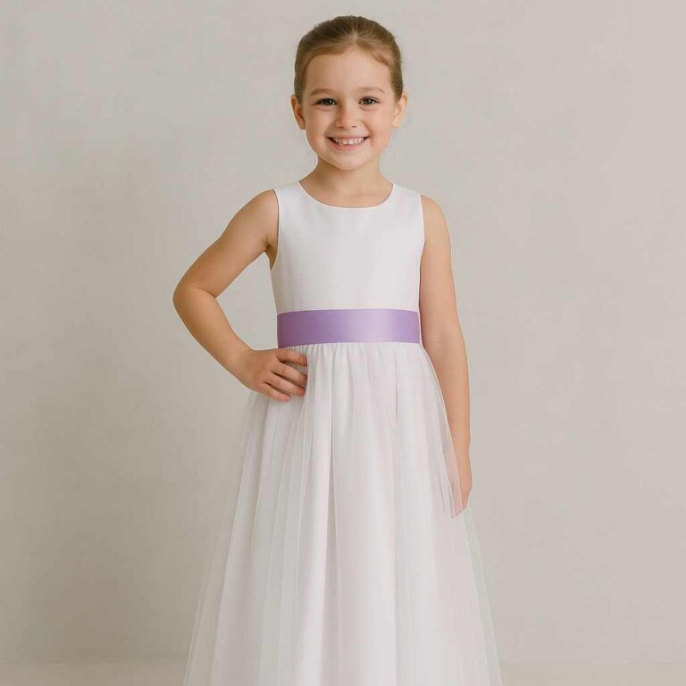 Vestido Dama de Honra Longo branco Faixa Lilas Lav