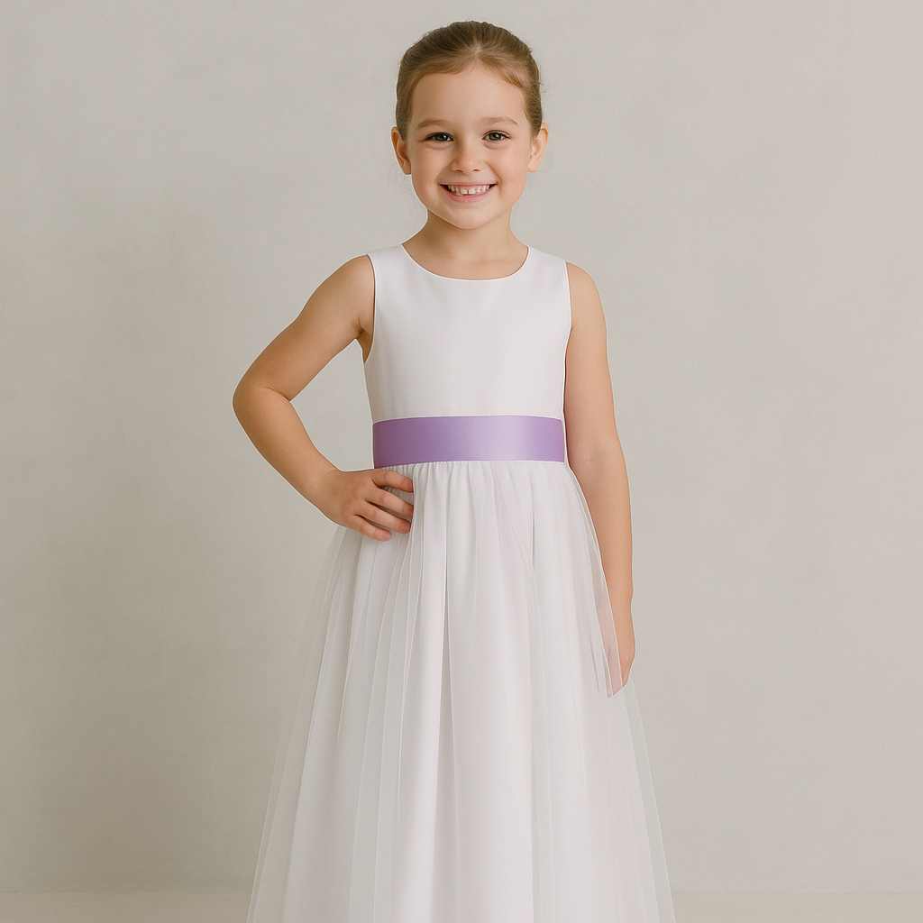Vestido Dama de Honra Longo branco Faixa Lilas Lavanda Infantil com Saia Tule REF4072