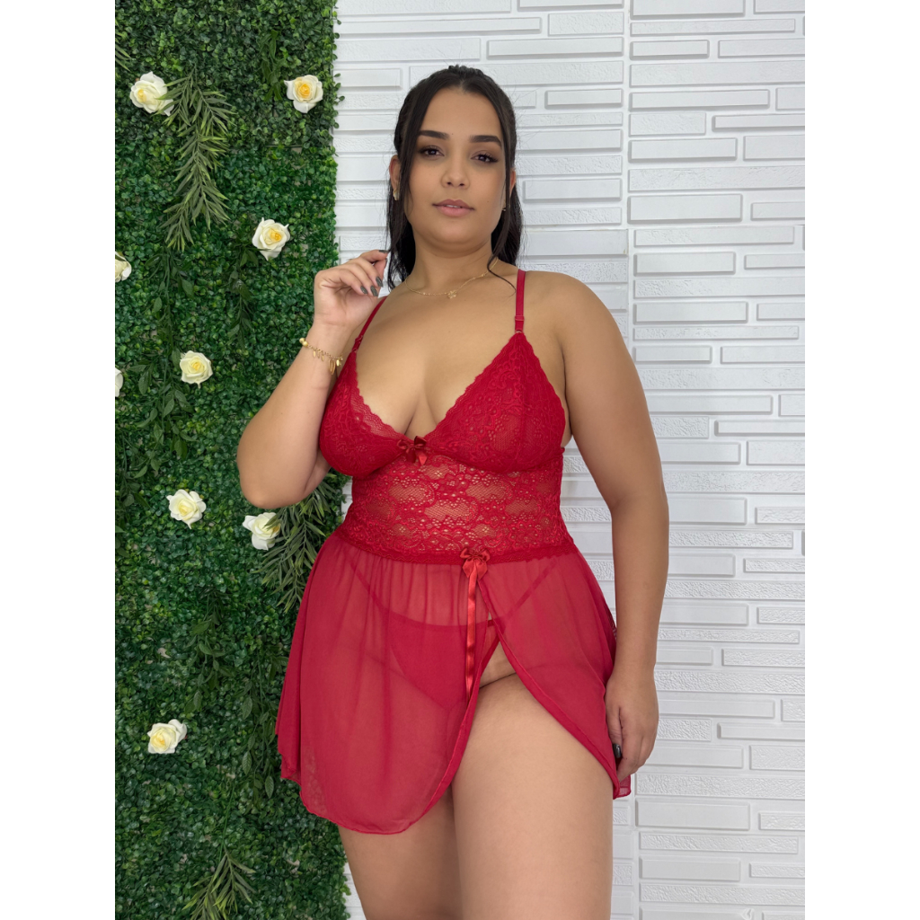 Camisola Plus Size Sexy Sensual em Tule e Renda com Calcinha Fio  Sem Bojo, Fenda Frontal
