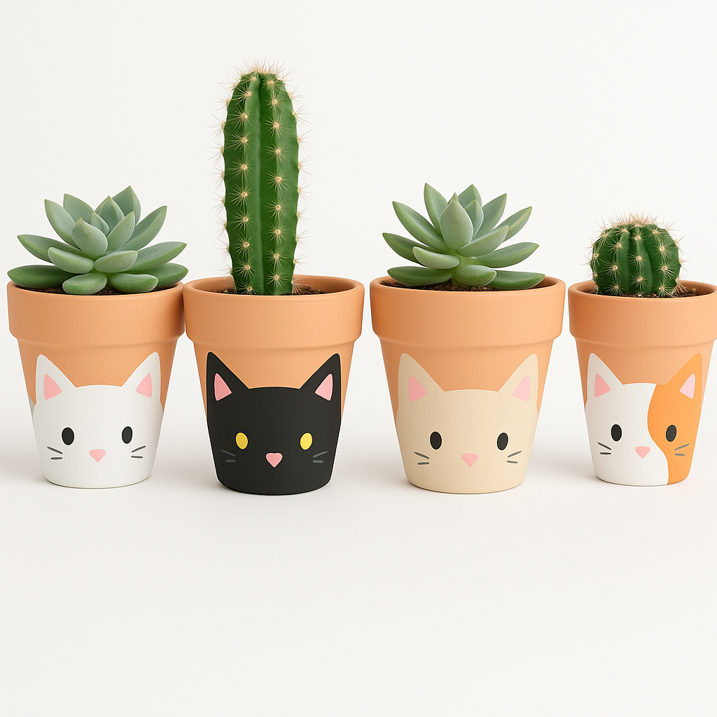 Kit 4 Vasos de Cerâmica Gatinho De Suculentas e Cactos Decorativos, Feitos à Mão, Estilo Fofo para