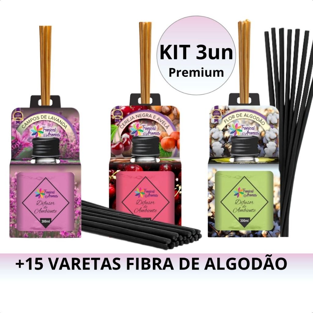 Difusor de Ambiente Varetas 300ml Kit 3un Aromatizador com Varas de Fibra