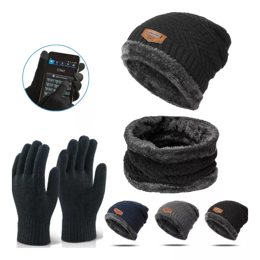Kit Inverno Completo Touca Forrada + Luva Touch +  Protetor de Pescoço Unissex