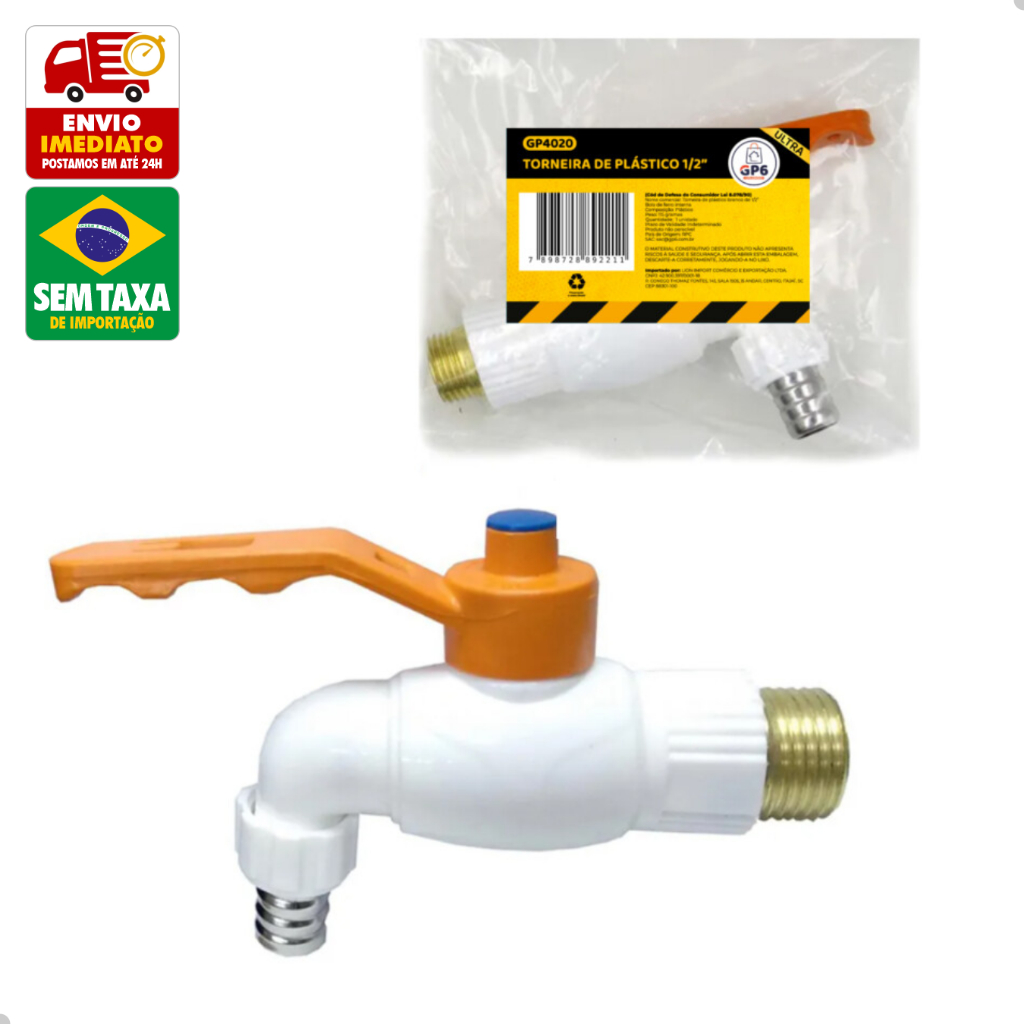 Torneira Plastico com Esfera Metal 1/2 Pol Parede Bico e Rosca em Metal Jardim Lavanderia Cozinha