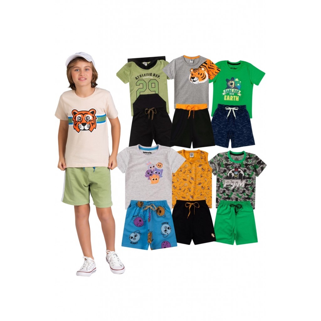 Kit Sortido 12 Peças de Roupas Infantis Masculino Verão – 6 Camisetas + 6 Bermudas
