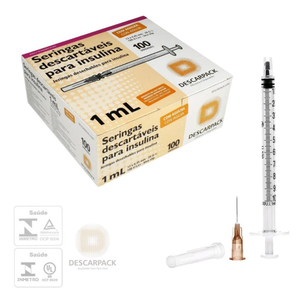 Seringa Insulina 1ml com Agulha 13×0,45mm 26g Descarpack C/100 Unidades