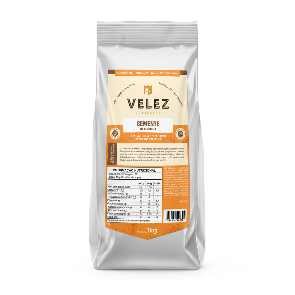 Semente de Abóbora VELEZ Crua Sem Casca S/ Sal Snack Saudável Natural 1Kg