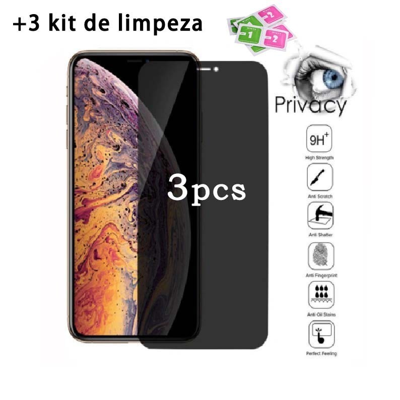 Kit 3pcs Película de vidro 3D Privativa Anti Spy Para IPhone  7 8 XS XR 11 12 13 14 15Pro Max