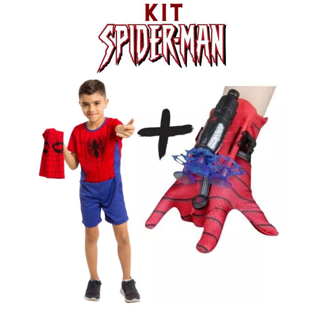 Kit Fantasia Homem Aranha Curta + Lançador de Dardos Infantil Super Herói Cosplay