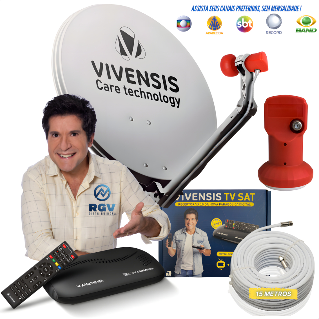 Kit Receptor Vivensis Vx10 Com Parabólica 60cm Cabo Coaxial de 15 metros, LNBF, Conectores