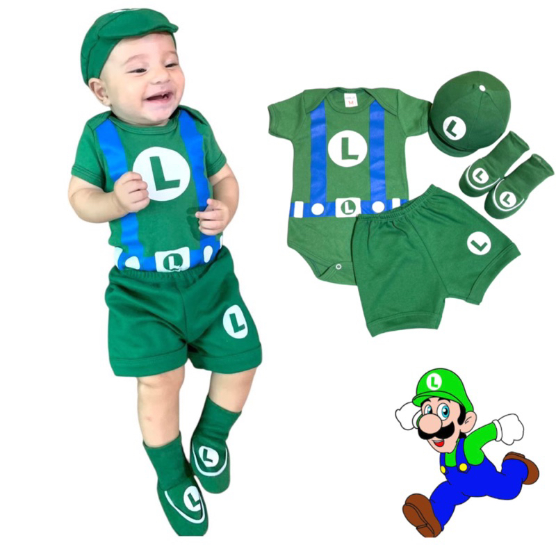 kit 4 peças do Luigi, bebê temáticos, mêsversário, personagens-malha suedine 100% algodão