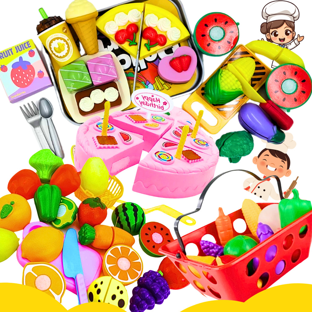 Brinquedos com Velcro 42 peças Super kit Cestinha Rosa Frutas Legumes e Doces Faz de Conta +3 Anos