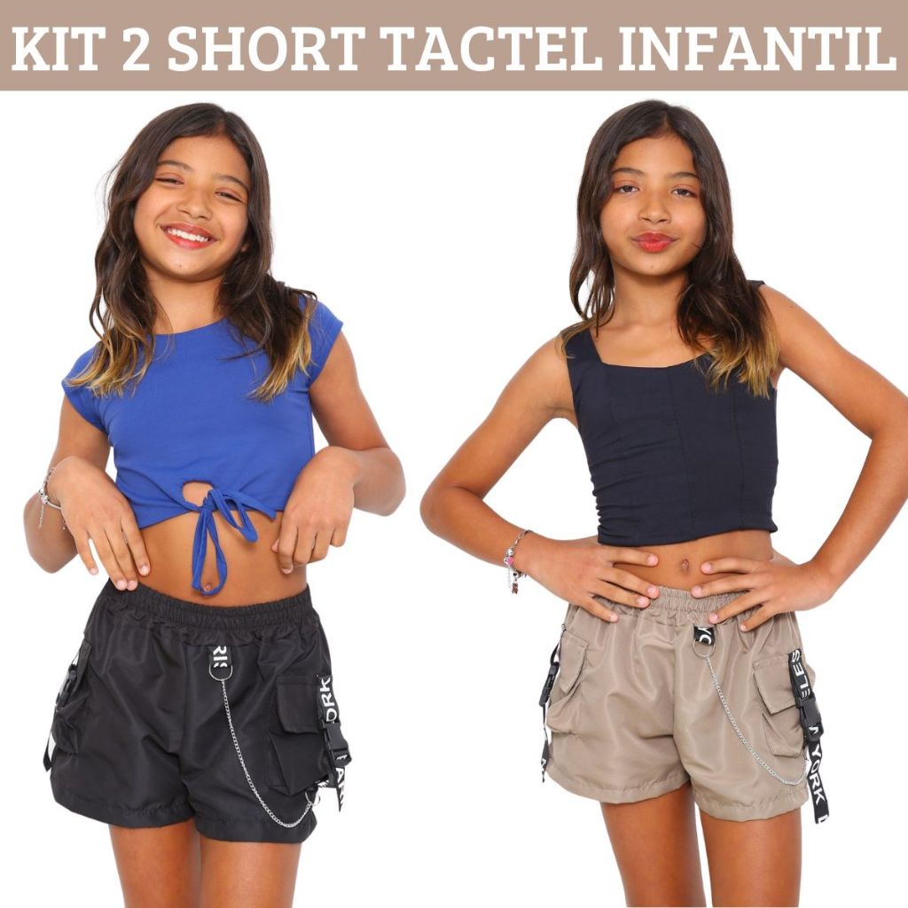 Kit 2 Shorts Feminino Infantil Para Meninas Tactel Fita e Corrente 4 Bolsos 4 Cores Short Cargo Cria