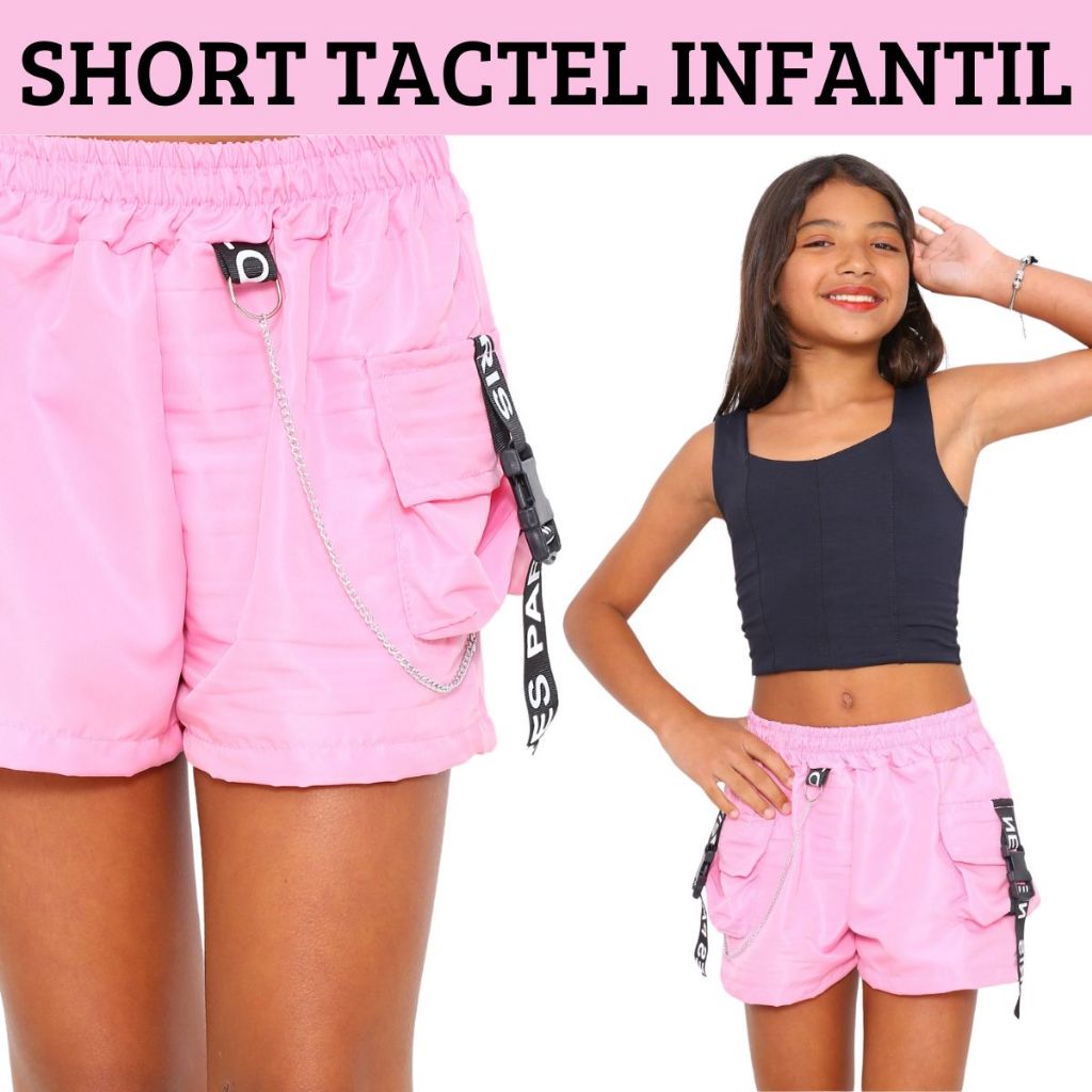 Short Infantil Para Meninas Tactel Com Fitas e Corrente 10 12 14 4 Cores 4 Bolsos Moda Infantil Blog