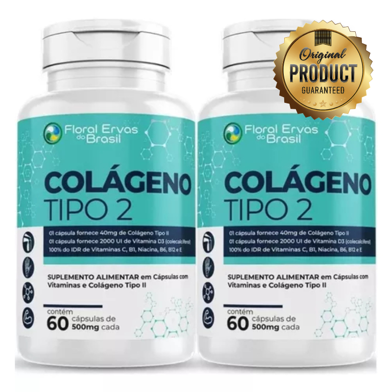 KIT 2 Colágeno Tipo 2 UC II 40mg Concentrado 120 Cápsulas 500mg + Vitaminas Complexo B Vitaminas C E