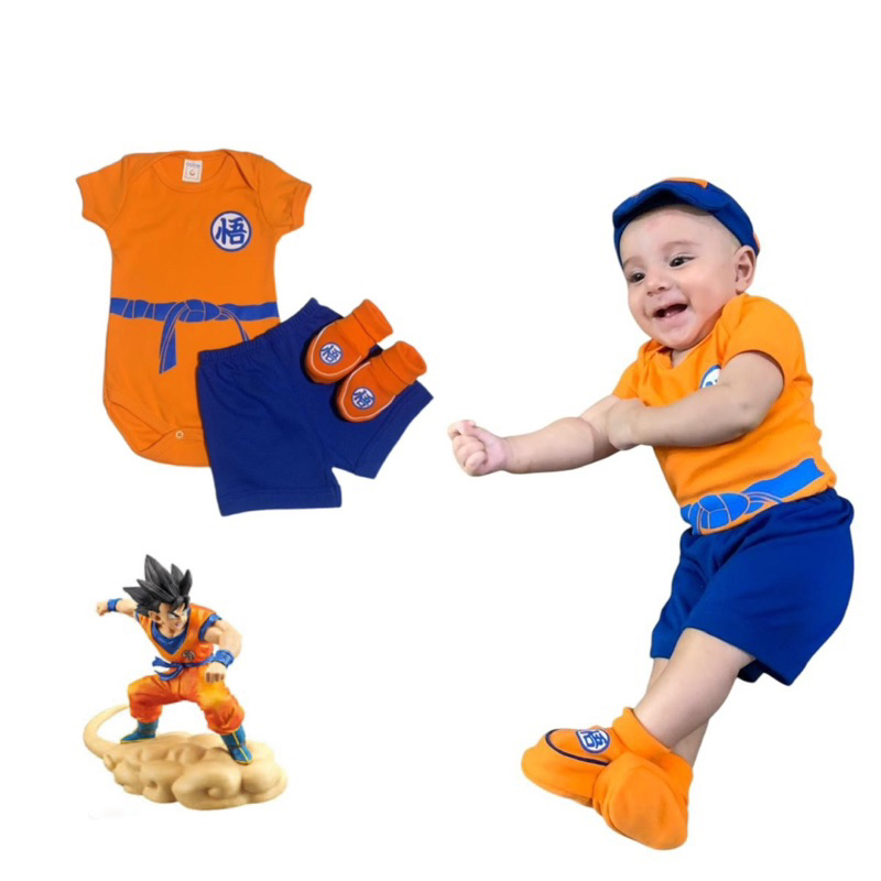 kit bebê 4 peças Goku, temáticos, mêsvesário, personagens-malha suedine 100% algodão
