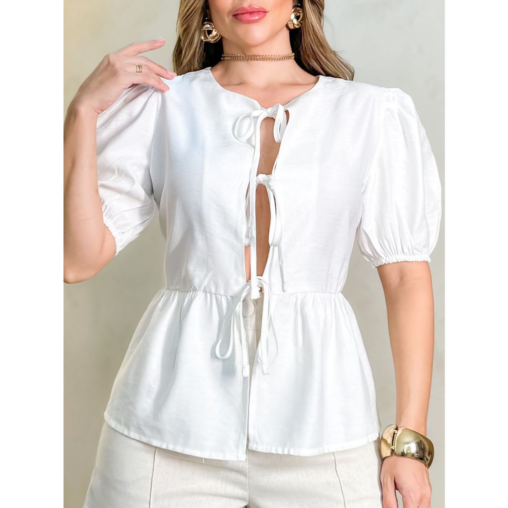 H957-Top feminino estilo europeu e americano elegante casual versátil manga bufante com cadarço