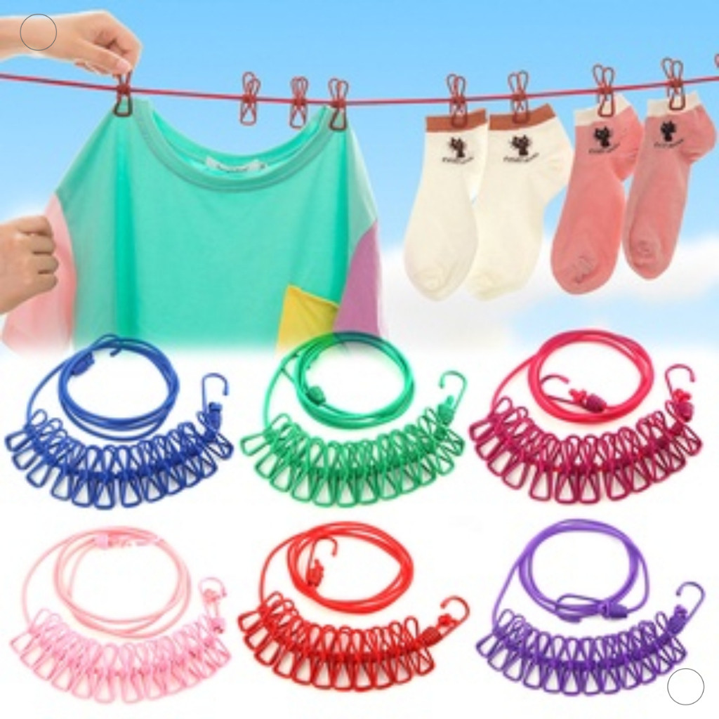 Varal De Corda Elástica Colorido Acampamento Viagem Portátil 12 Clipes