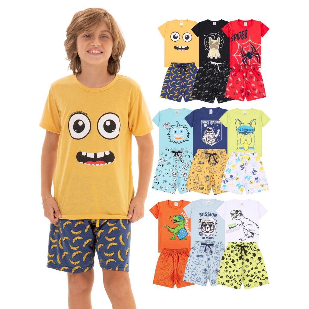 Kit Sortido 2, 6 ou 8 Peças Pijama Infantil Menino Manga Curta Masculino Pijamas Infantil para Menin