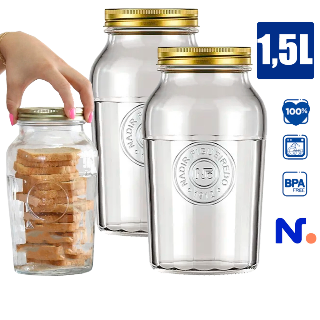 Kit Jogo 02 Pote Americano Nadir Vintage Vasilha Vidro Resistente 1,5L Guardar mantimentos Arroz