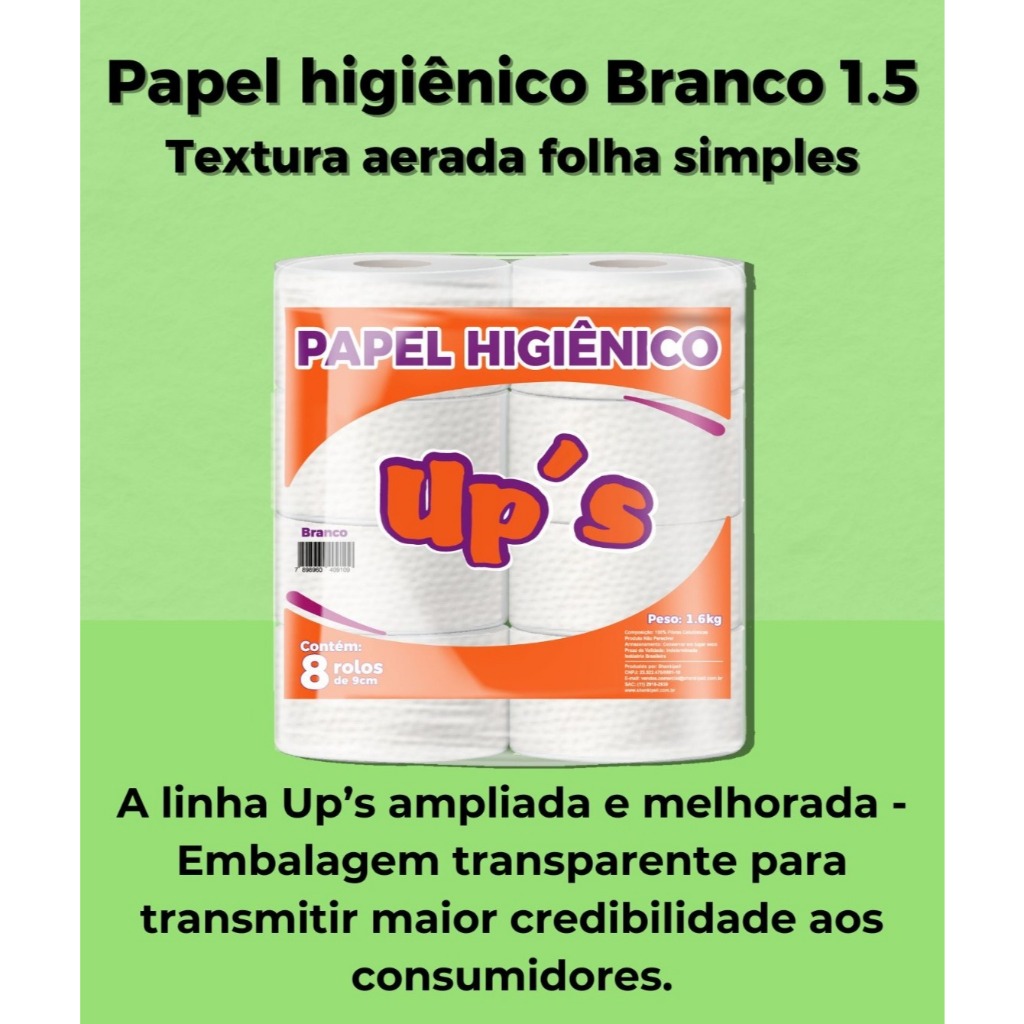 Papel Higiênico Branco 8 Rolos Papel Industrial Macio  Ups (média 200 a 250metros)- 1,5kg